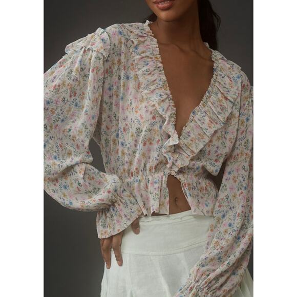 ANTHROPOLOGIE Floral Mesh Long Sleeve Ruffle Top Blouse Medium M OB1960164 - Picture 2 of 12